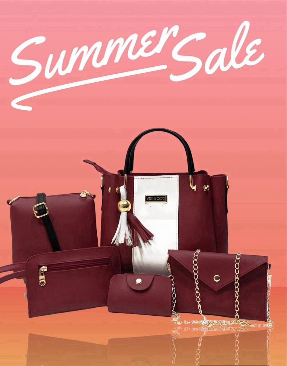 5pcs Hand Bag Maroon Rexine